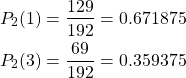 \begin{align*} P_2(1) &= \frac{129}{192} = 0.671875\\ P_2(3) &= \frac{69}{192} = 0.359375 \end{align*}