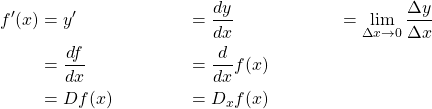 \begin{align*} f'(x) &=y' &&=\frac{dy}{dx} &=\lim_{\Delta x \to 0} \frac{\Delta y}{\Delta x}\\ &=\frac{df}{dx} &&=\frac{d}{dx}f(x)\\ &=Df(x) &&=D_xf(x) \end{align*}