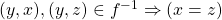 (y,x),(y,z)\in f^{-1}\Rightarrow (x=z)