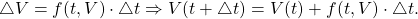 \begin{equation*} \bigtriangleup V = f(t,V)\cdot \bigtriangleup t \Rightarrow V(t+\bigtriangleup t)=V(t)+f(t,V)\cdot \bigtriangleup t. \end{equation*}