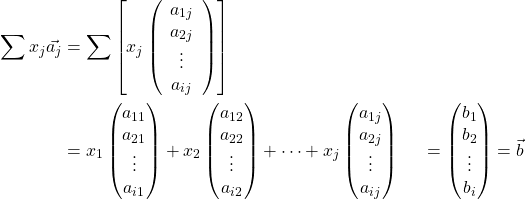 \begin{align*} \sum x_j \vec{a_j} &= \sum \left[ x_j \left(\begin{array}{c} a_{1j}\\ a_{2j}\\ \vdots\\ a_{ij} \end{array}\right) \right]\\ &= x_1 \begin{pmatrix} a_{11}\\ a_{21}\\ \vdots\\ a_{i1} \end{pmatrix} + x_2 \begin{pmatrix} a_{12}\\ a_{22}\\ \vdots\\ a_{i2} \end{pmatrix} + \cdots + x_j \begin{pmatrix} a_{1j}\\ a_{2j}\\ \vdots\\ a_{ij} \end{pmatrix} &= \begin{pmatrix} b_1\\ b_2\\ \vdots\\ b_i \end{pmatrix} = \vec{b} \end{align*}