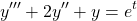 \begin{equation*} y'''+2y''+y=e^{t} \end{equation*}