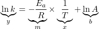 \begin{equation*} \underbrace{\ln k}_{y} = \underbrace{-\frac{E_a}{R}}_{m} \times \underbrace{\frac{1}{T}}_{x} + \underbrace{\ln A}_{b}  \end{equation*}