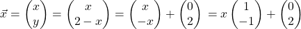 \[ \vec{x} = \begin{pmatrix} x\\ y \end{pmatrix} = \begin{pmatrix} x\\ 2-x \end{pmatrix} = \begin{pmatrix} x\\ -x \end{pmatrix} + \begin{pmatrix} 0\\ 2 \end{pmatrix}\\ = x\begin{pmatrix} 1\\ -1 \end{pmatrix} + \begin{pmatrix} 0\\ 2 \end{pmatrix} \]