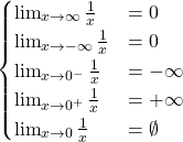 \[ \begin{cases} \lim_{x\to \infty} \frac{1}{x} &= 0\\ \lim_{x\to -\infty} \frac{1}{x} &= 0\\ \lim_{x\to 0^-} \frac{1}{x} &= -\infty\\ \lim_{x\to 0^+} \frac{1}{x} &= +\infty\\ \lim_{x\to 0} \frac{1}{x} &= \emptyset \end{cases}\]