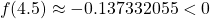 \[ f(4.5)\approx -0.137332055<0\]