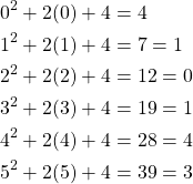 \begin{equation*} \begin{split} 0^{2}+2(0)+4 &=4\\ 1^{2}+2(1)+4 &=7=1\\ 2^{2}+2(2)+4 &=12=0\\ 3^{2}+2(3)+4 &=19=1\\ 4^{2}+2(4)+4 &=28=4\\ 5^{2}+2(5)+4 &=39=3 \end{split} \end{equation*}