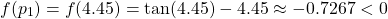 \[f(p_1) = f(4.45) = \tan(4.45)-4.45 \approx -0.7267<0\]