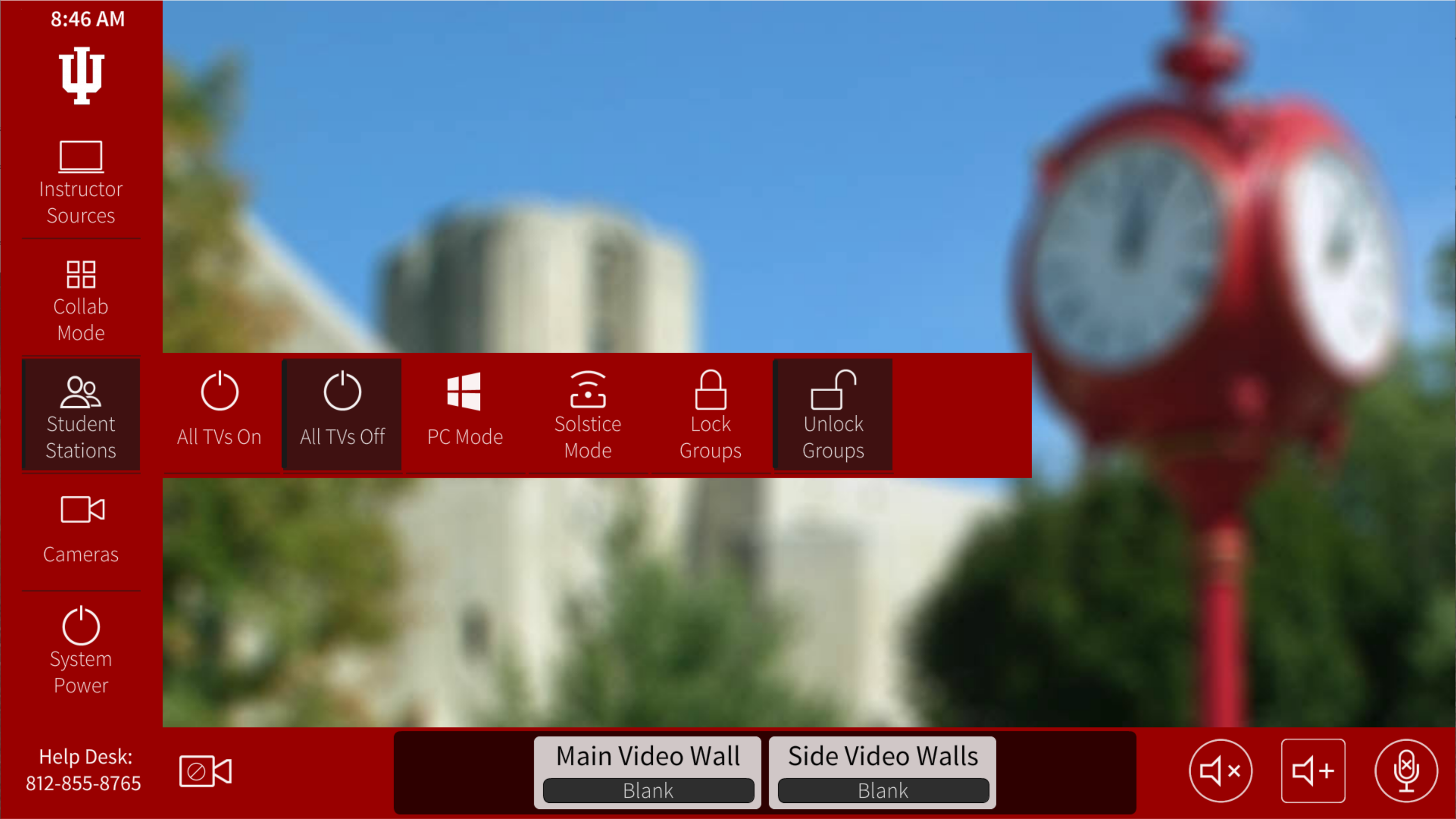 SB015 Control Panel shows options when "Student Stations" button is selected: "All TVs On", "All TVs Off", "PC Mode", "Solstice Mode", "Lock Groups", and "Unlock Groups"