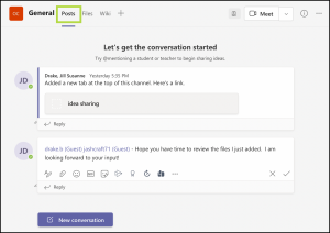 This screen shows the area where teams can share information via a post