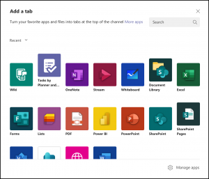 Many apps can be added to the Teams area