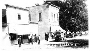 a grayscale photo of the Van Vorous salt store in fish creek