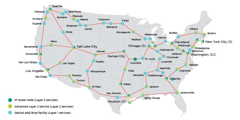 Map of the continental United States showing all of the connections of the Internet2 network