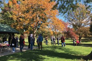 A group of employees gathers in a park.