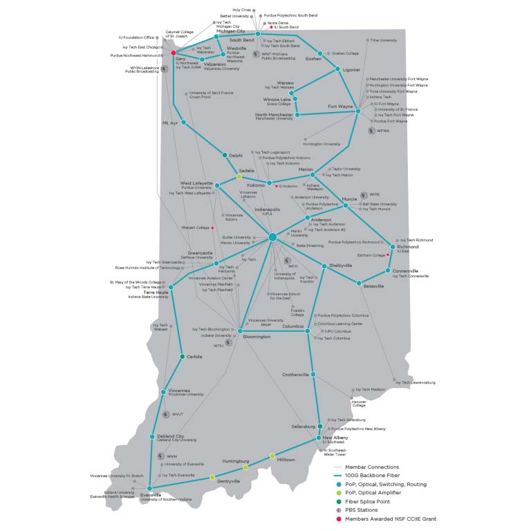 State map of Indiana visualizing the connections of the I-Light network