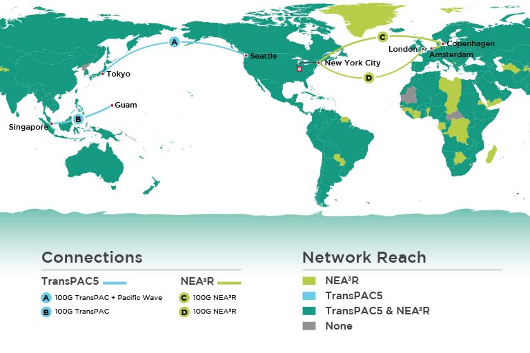 Map depicting the connections of International Networks around the globe, including NEAAAR and TransPAC5