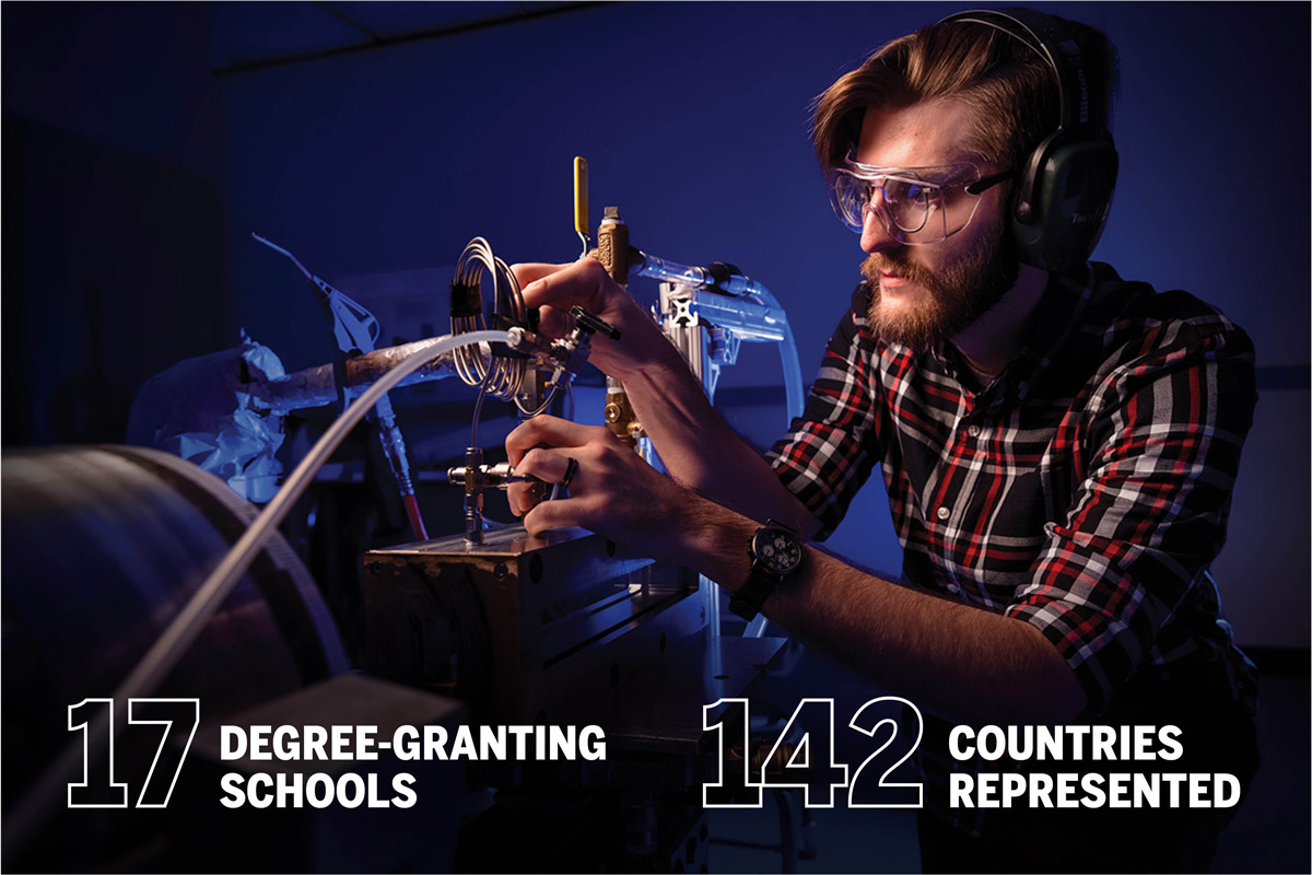 Male student in engineering lab aligns parts of a mechanical machine. Text on photo says 17 degree-granting schools and 142 countries represented.