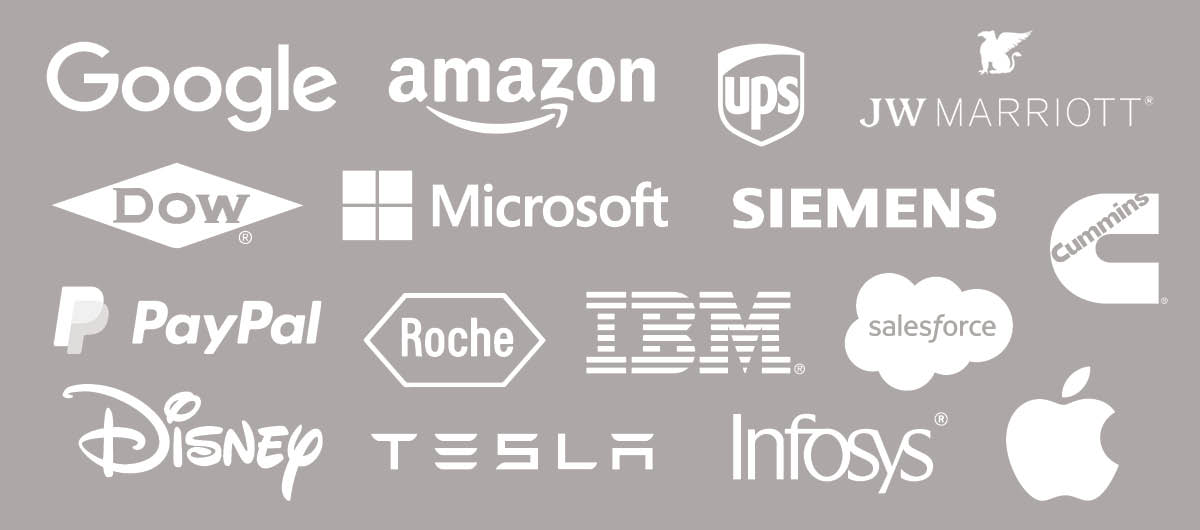 Logos of companies who have hired IUPUI gradutes, including Google, Amazon, Cummins, Apple, Infosys, Roche, Tesla and more