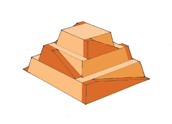 A model of a step pyramid is shown with ramps along the sides of each step.