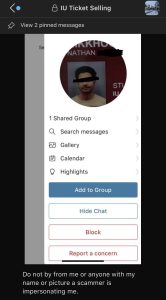 One student warns the group chat to not purchase from anyone using his name or picture.