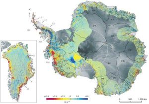 Figure shows the rates of change in Greenland and Antarctica from 2003 to 2007. Dark blue (rare) indicates an increase of 0.5 meters per year, and dark red (very common) indicates a decrease of 1.5 meters per year.