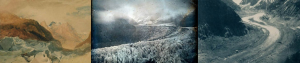 Composite image showing view of the Mer de Glace, Chamonix, France: Left - sketch by J.M.W. Turner in 1806; Middle – photograph by J. Ruskin in 1854; Right - photograph by Emma Stibbon in 2018.