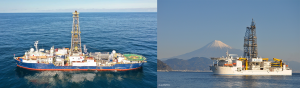Figure 2. Left photo: JOIDES Resolution has been used by ODP and IODP for retrieving deep-sea sediment cores since 1985. Right: Japanese research vessel Chikyu has been used by ODP and IODP since 2007.