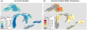 The duration of seasonal ice cover decreased in most areas of the Great Lakes between 1973 and 2013, while summer surface water temperature (SWT) increased in most areas between 1994 and 2013. (a) The map shows the rate of change (in days) in ice cover duration. (b) The map shows the rate of change (in degrees F) in summer SWT. (Source: Mason et al. 2016)