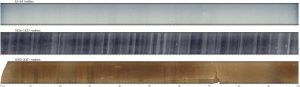 Photo showing three ice cores. Top: Relatively young and shallow snow becomes packed into coarse and granular crystals called firn (top: 53 meters deep). Middle: Older and deeper snow is compacted further (middle: 1,836 meters). Bottom: At the bottom of a core (lower: 3,050 meters), rocks, sand, and silt discolor the ice. (Photographs courtesy U.S. National Ice Core Laboratory)