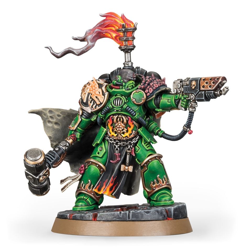 Image of Adrax Agatone miniature. Man with onyx skin wearing green body armor with gold details.