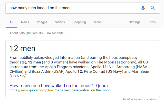 Google search result for “how many men landed on the moon” in which a knowledge panel answers the query via Quora with “12 men.”