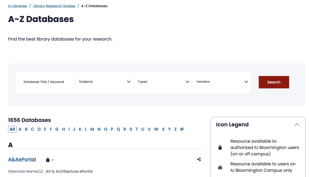 Screenshot of IU Libraries Database List