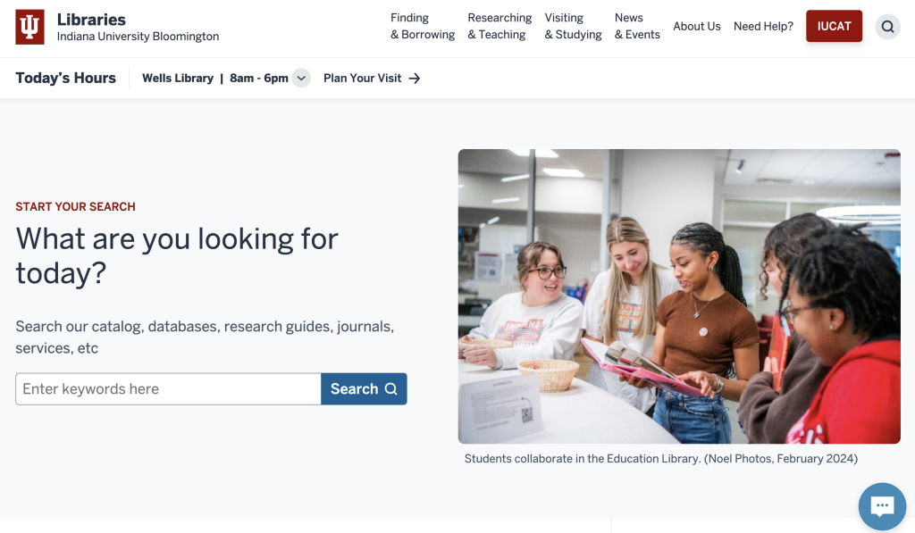 Screenshot of the homepage for IU Libraries