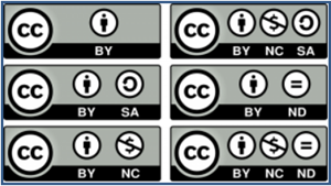 6 Creative commons licenses designs with icons representing how each can be used