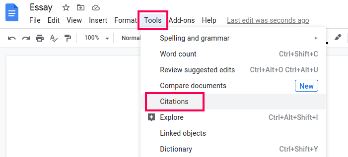 Screenshot showing the citation tool in Google Docs