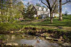 A duck swims upstream in the Jordan River near Bryan House, pictured in background, on a spring afternoon at IU Bloomington.