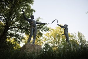 The Ribbon Dancers sculpture is pictured at IU South Bend.