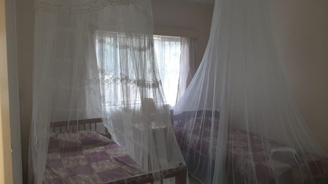 A bedroom with two twin beds and a mosquito net over each bed