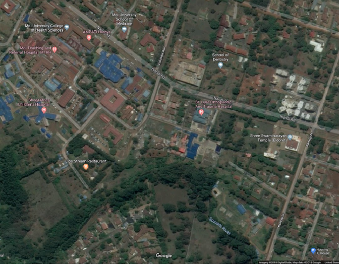 A map of Eldoret showing the locations of IU House, Moi Teaching and Referral Hospital, Moi University, and other landmarks.