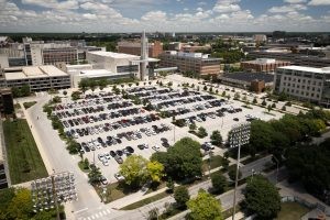 A parking lot near the Campus Center is pictured from the sky on the IU Indianapolis campus.