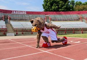 The IU Indianapolis mascot preparing to run a race on the IU Indy track.