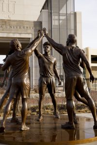 The Spirit of Indiana sculpture stands outside of Memorial Stadium.