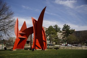 The Peau Rouge Indiana sculpture stands in front of the Musical Arts Center at IU Bloomington.