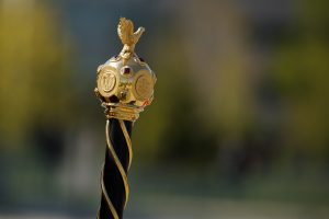 The mace is carried to the stage during the processional for the Indiana University Northwest Commencement.