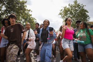 Students dance during CultureFest on the Fine Arts Plaza at IU Bloomington.