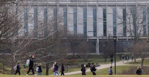 Students make their way to and from class at IU Bloomington.