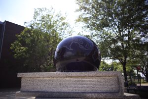 Globe statue outside at Indiana University Columbus.