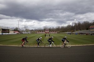 Riders race into turn four during the Little 500 at Bill Armstrong Stadium.
