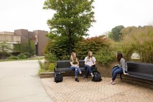 Students conversing on benches at Indiana University Fort Wayne.