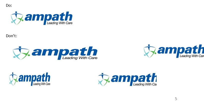 AMPATH logo shown as normal for a good example and then stretched, compressed and falling off the page as bad examples